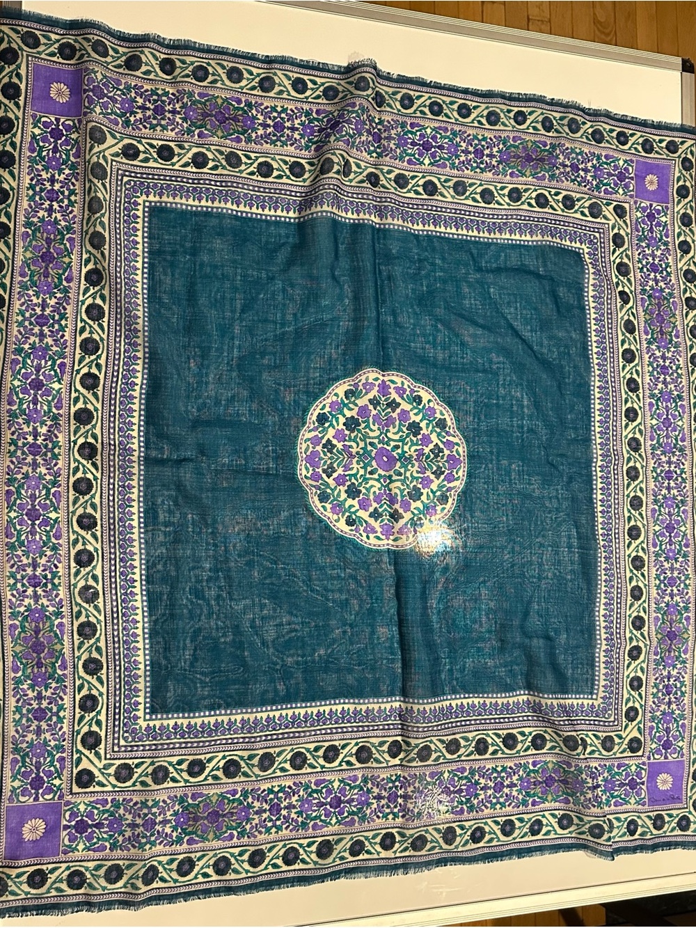 Oscar de la Renta Teal and Purple Floral Wool Scarf